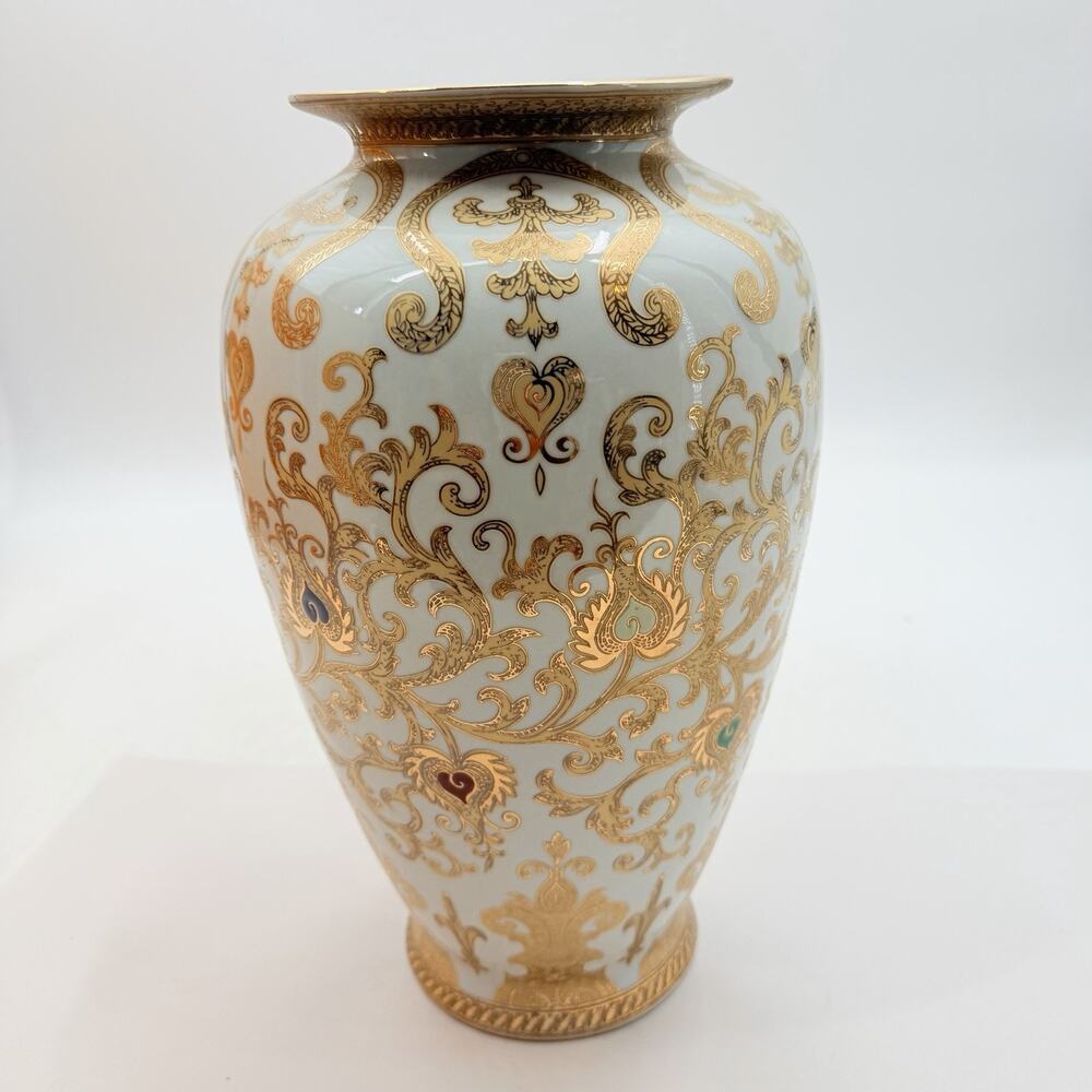 Arabesque White with Enameled Gold Flowers & Scrolls Ceramic Vase 14.5" Tall - Picture 4 of 10